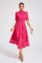Vestido Midi de Encaje de Manga Corta para Mujer, Invitada de Boda, Verano, Formal, Elegante, Escote Redondo
