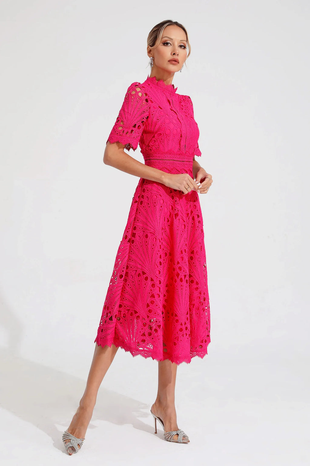 Vestido Midi de Encaje de Manga Corta para Mujer, Invitada de Boda, Verano, Formal, Elegante, Escote Redondo