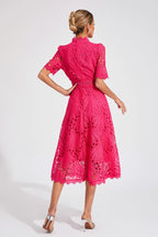 Vestido Midi de Encaje de Manga Corta para Mujer, Invitada de Boda, Verano, Formal, Elegante, Escote Redondo