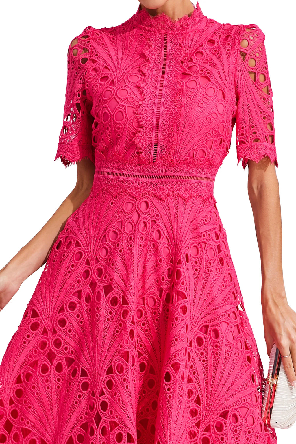 Vestido Midi de Encaje de Manga Corta para Mujer, Invitada de Boda, Verano, Formal, Elegante, Escote Redondo