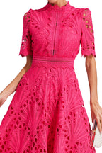 Vestido Midi de Encaje de Manga Corta para Mujer, Invitada de Boda, Verano, Formal, Elegante, Escote Redondo