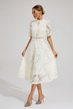 Vestido Midi de Encaje de Manga Corta para Mujer, Invitada de Boda, Verano, Formal, Elegante, Escote Redondo