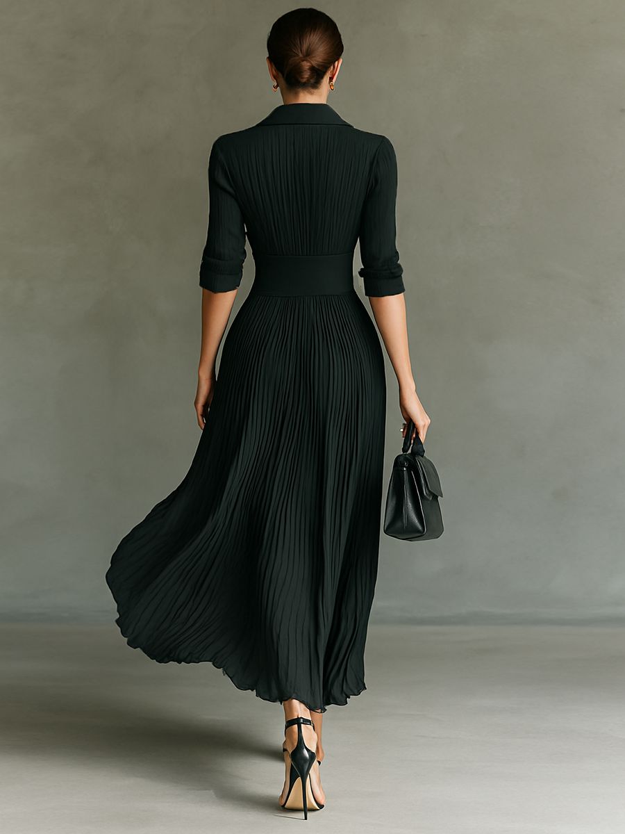 Vestido Largo Plisado de Color Sólido para Mujer con Solapa y Cinturón – Negro