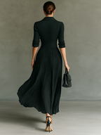 Vestido Largo Plisado de Color Sólido para Mujer con Solapa y Cinturón – Negro