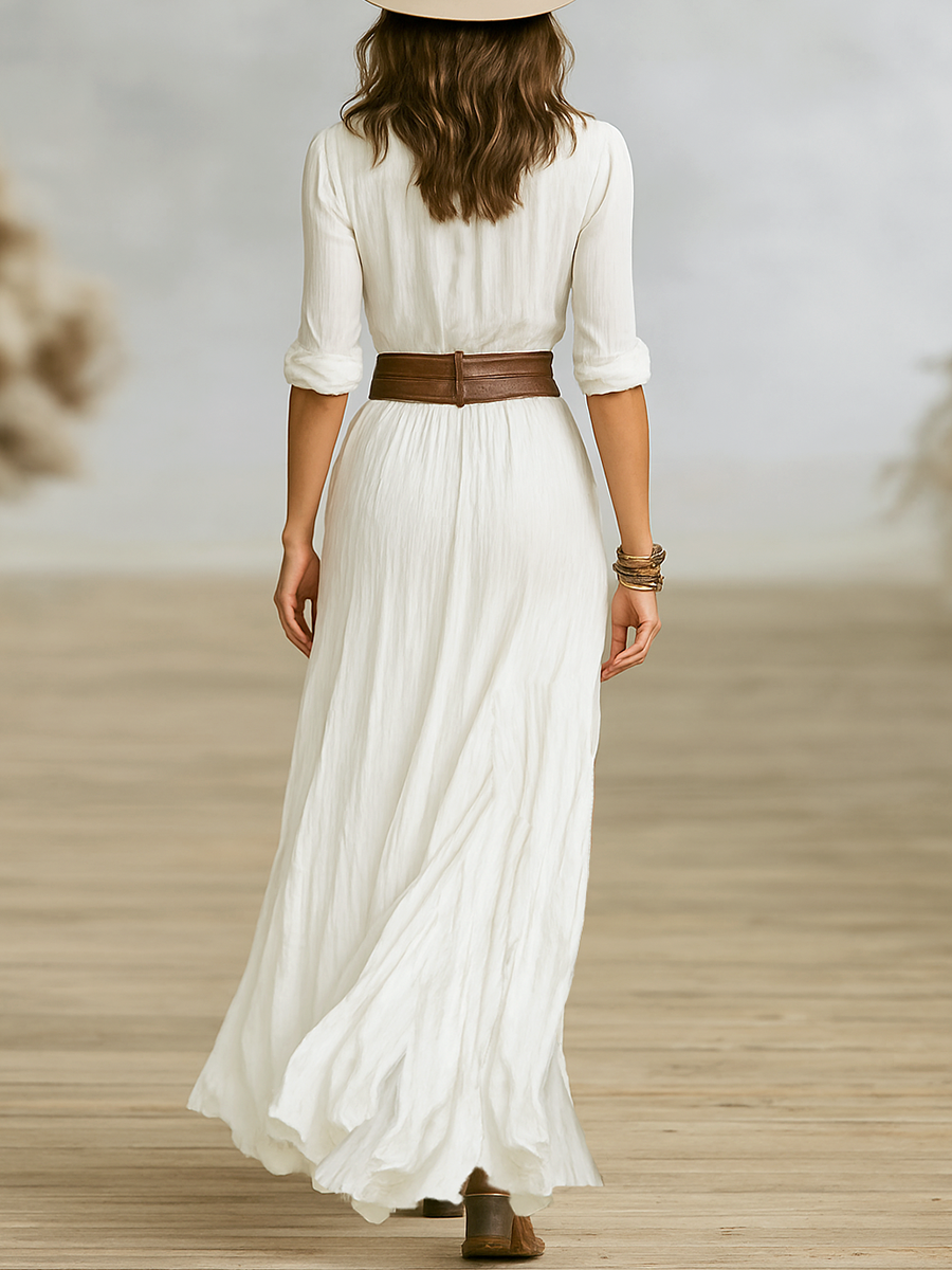 Vestido Largo de Algodón y Lino con Solapa y Pliegues de Manga Larga