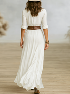 Vestido Largo de Algodón y Lino con Solapa y Pliegues de Manga Larga