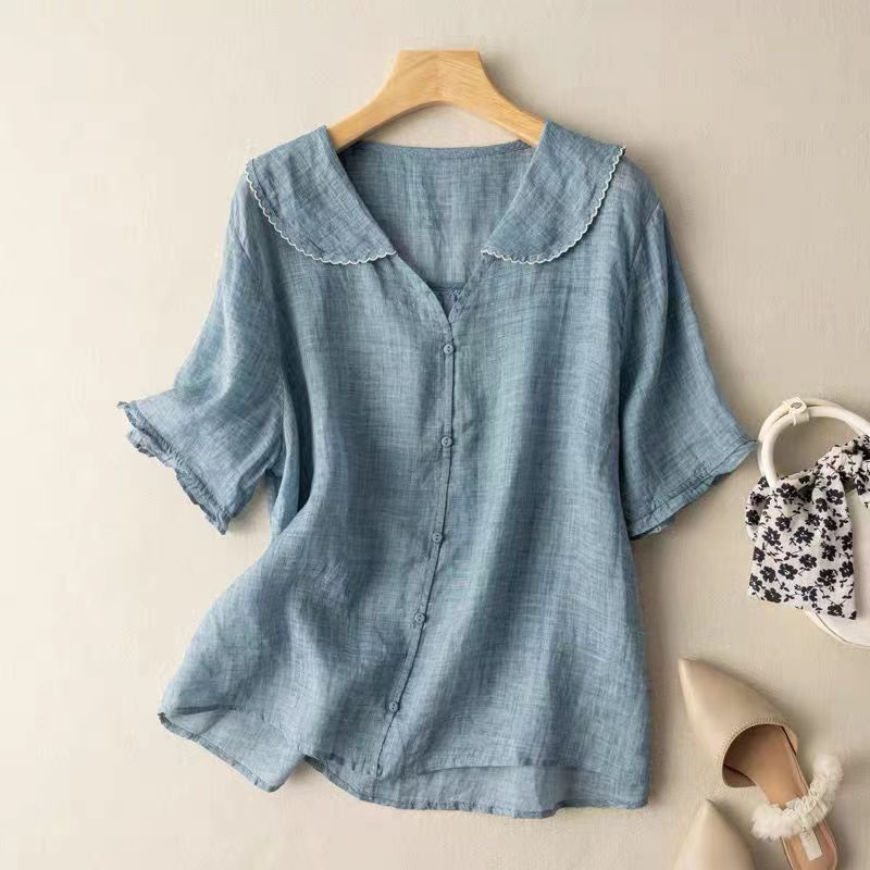 Blusa Vintage para Mujeres con Detalle de Botones y Cuello Peter Pan de Manga Larga Suave Casual Elegante – Kristi