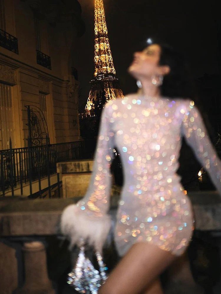 Vestido Mini de Manga Larga con Puños de Plumas Brillantes para Mujeres – Mayra