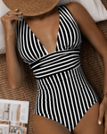 Traje de baño de una pieza moderno a rayas para mujer, con escote en V profundo, cintura esculpida, elástico, ideal para la playa en verano