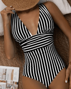 Traje de baño de una pieza moderno a rayas para mujer, con escote en V profundo, cintura esculpida, elástico, ideal para la playa en verano