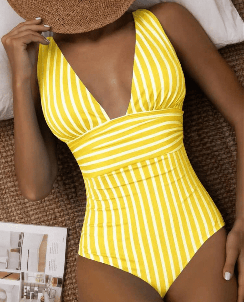 Traje de baño de una pieza moderno a rayas para mujer, con escote en V profundo, cintura esculpida, elástico, ideal para la playa en verano