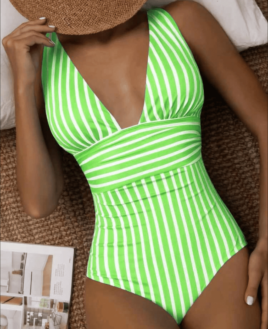 Traje de baño de una pieza moderno a rayas para mujer, con escote en V profundo, cintura esculpida, elástico, ideal para la playa en verano