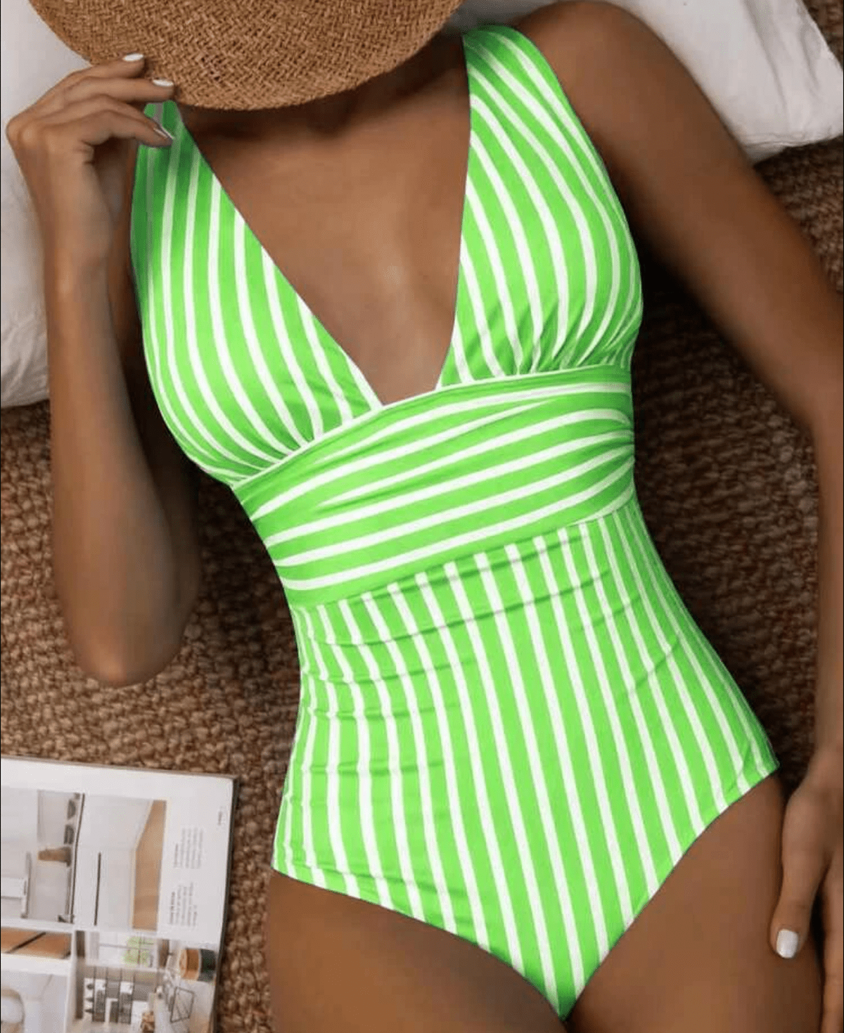 Traje de baño de una pieza moderno a rayas para mujer, con escote en V profundo, cintura esculpida, elástico, ideal para la playa en verano