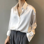 Blusa de Satén de Manga Larga con Botones para Mujer, Cuello Estructurado, Elegante y Sofisticada para Trabajo y Noche – Stella