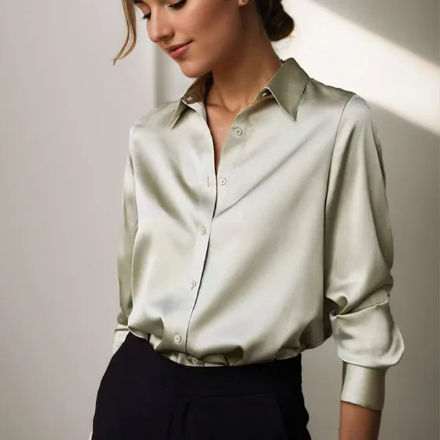 Blusa de Satén para Mujer de Manga Larga con Botones, Cuello Estructurado, Elegante y Sofisticada para Trabajo y Noche – Stella