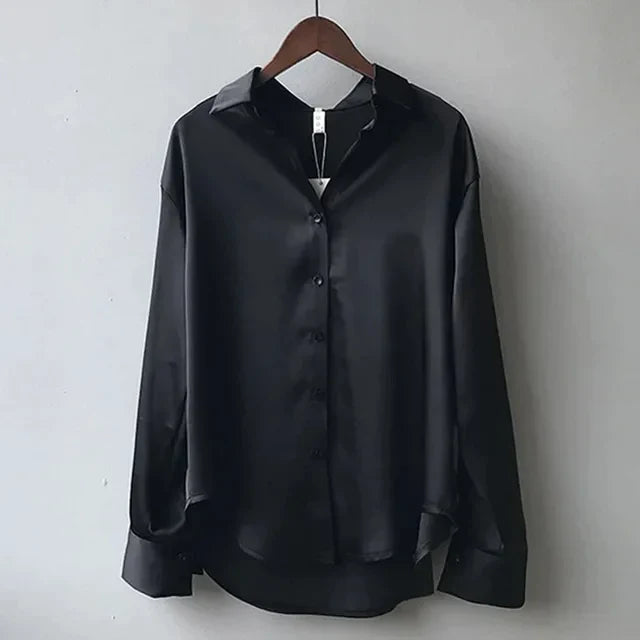 Blusa de Satén para Mujer de Manga Larga con Botones, Cuello Estructurado, Elegante y Sofisticada para Trabajo y Noche – Stella