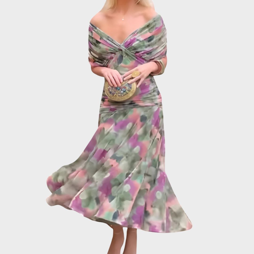 Vestido Midi Elegante de Mujer con Hombros Descubiertos, Cuerpo Drapado y Fruncido, Floral y Femenino – Lowenna