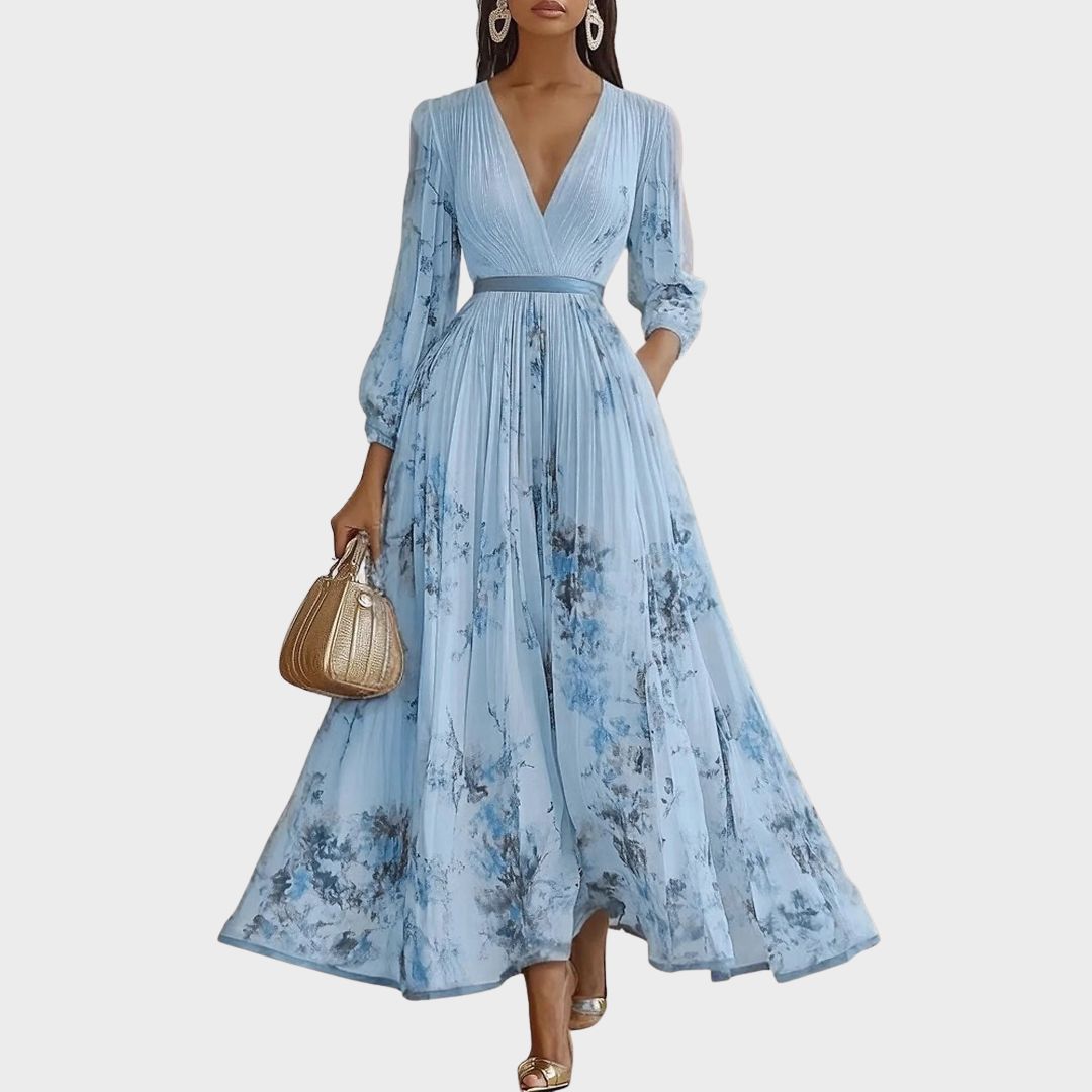 Vestido Largo Floral Plisado Elegante para Mujer con Escote en V y Manga Larga, Cintura con Cinta, Formal e Informal – Rowella