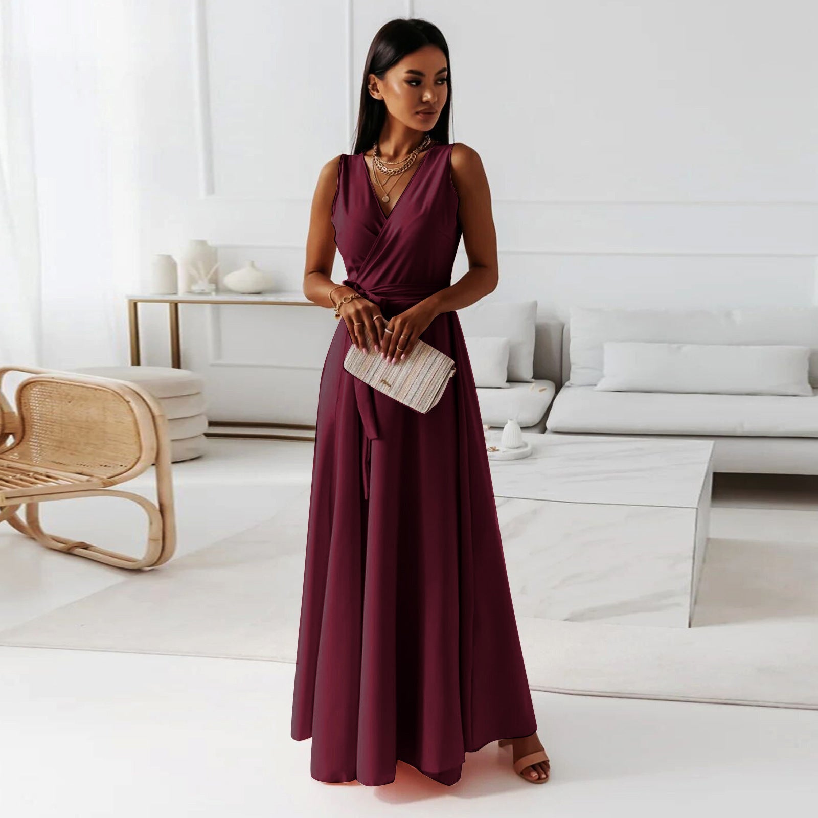 Vestido Largo de Invitada de Boda para Mujeres Cuerpo Envolvente Silueta Fluida Vestido Formal de Ceremonia