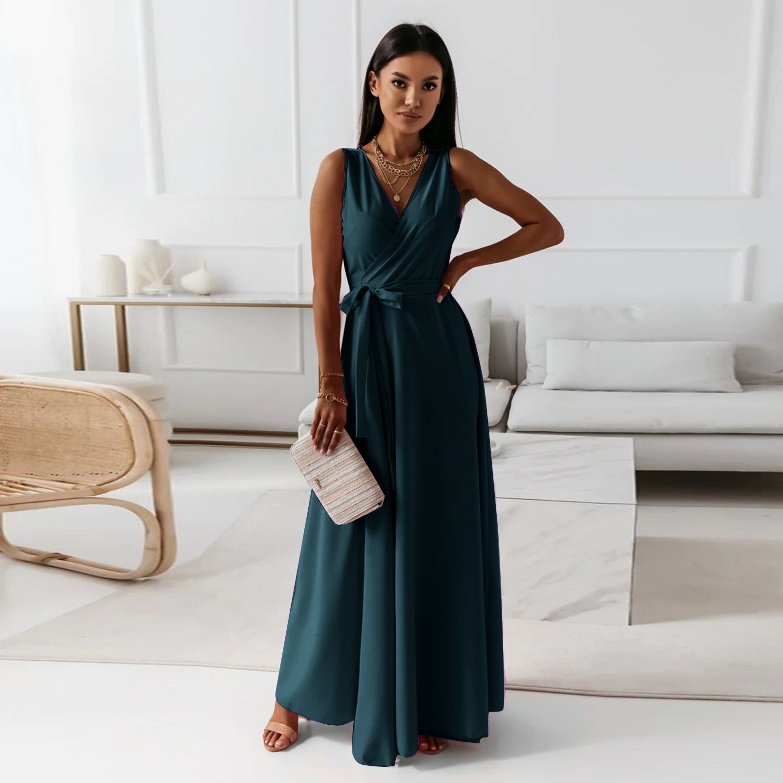 Vestido Largo de Invitada de Boda para Mujeres Cuerpo Envolvente Silueta Fluida Vestido Formal de Ceremonia