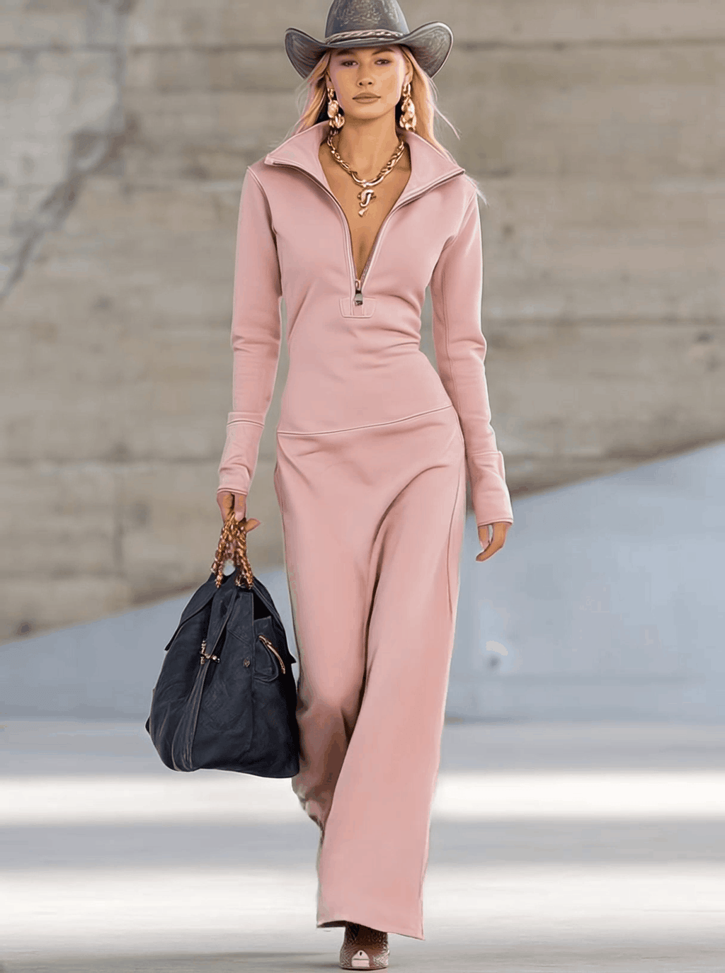 Vestido Largo Deportivo de Cuello en V con Cremallera para Mujer, Manga Larga, Ajustado, Casual, Formal, Fiesta, Vaquera, Elegante