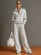 Conjunto Deportivo Retro para Mujer de Dos Piezas Sudadera con Media Cremallera Pantalones de Pierna Ancha con Cinta a Rayas Casual – Gris Blanco