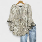 Blusa Floral Ligera para Mujer con Volantes y Manga de Campana, Cuello en V, Casual, Elegante, Ideal para el Día a Día – Kay