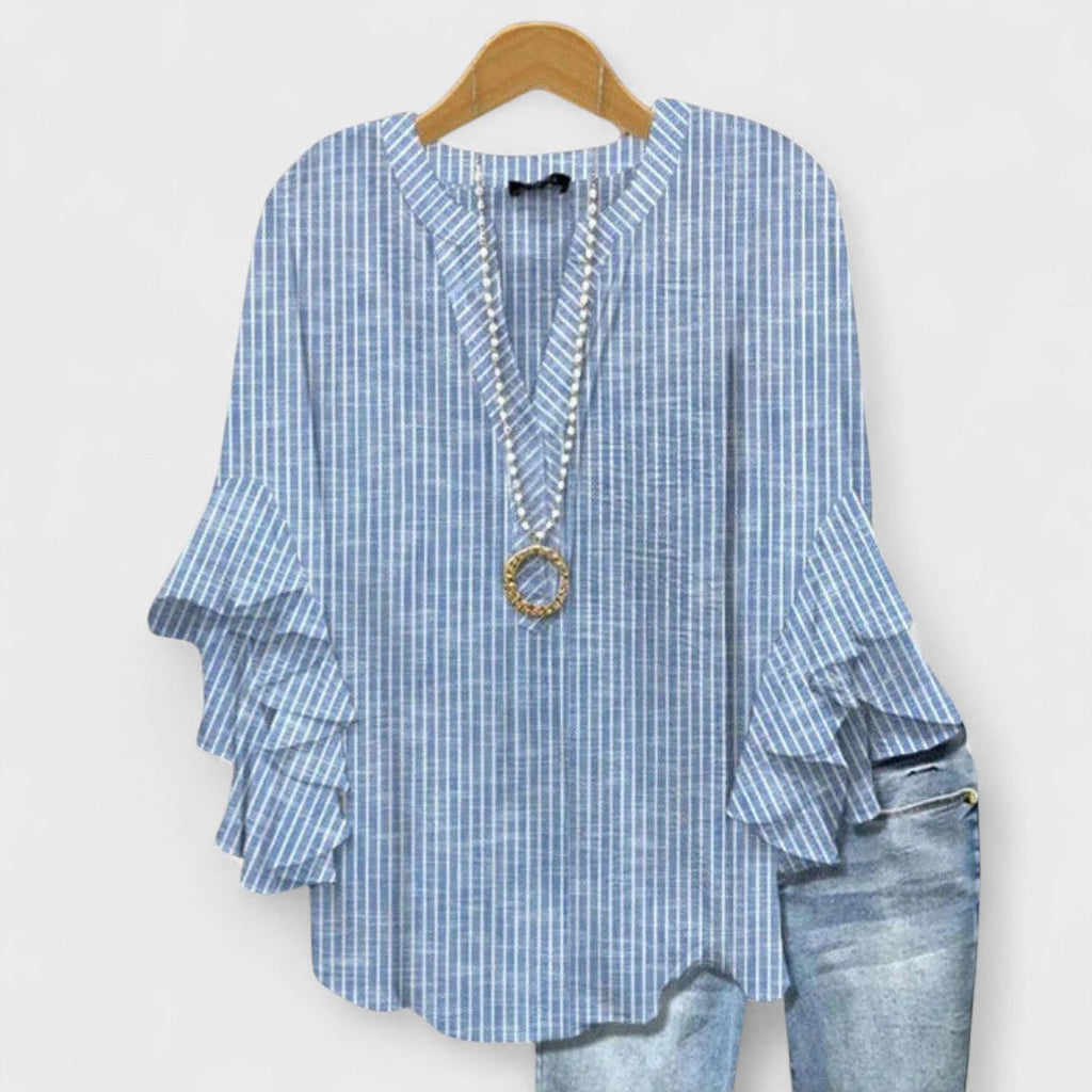 Blusa Floral Ligera para Mujer con Volantes y Manga de Campana, Cuello en V, Casual, Elegante, Ideal para el Día a Día – Kay