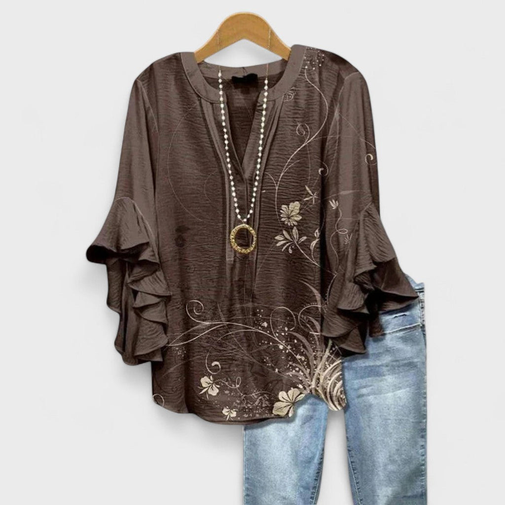 Blusa Floral Ligera para Mujer con Volantes y Manga de Campana, Cuello en V, Casual, Elegante, Ideal para el Día a Día – Kay