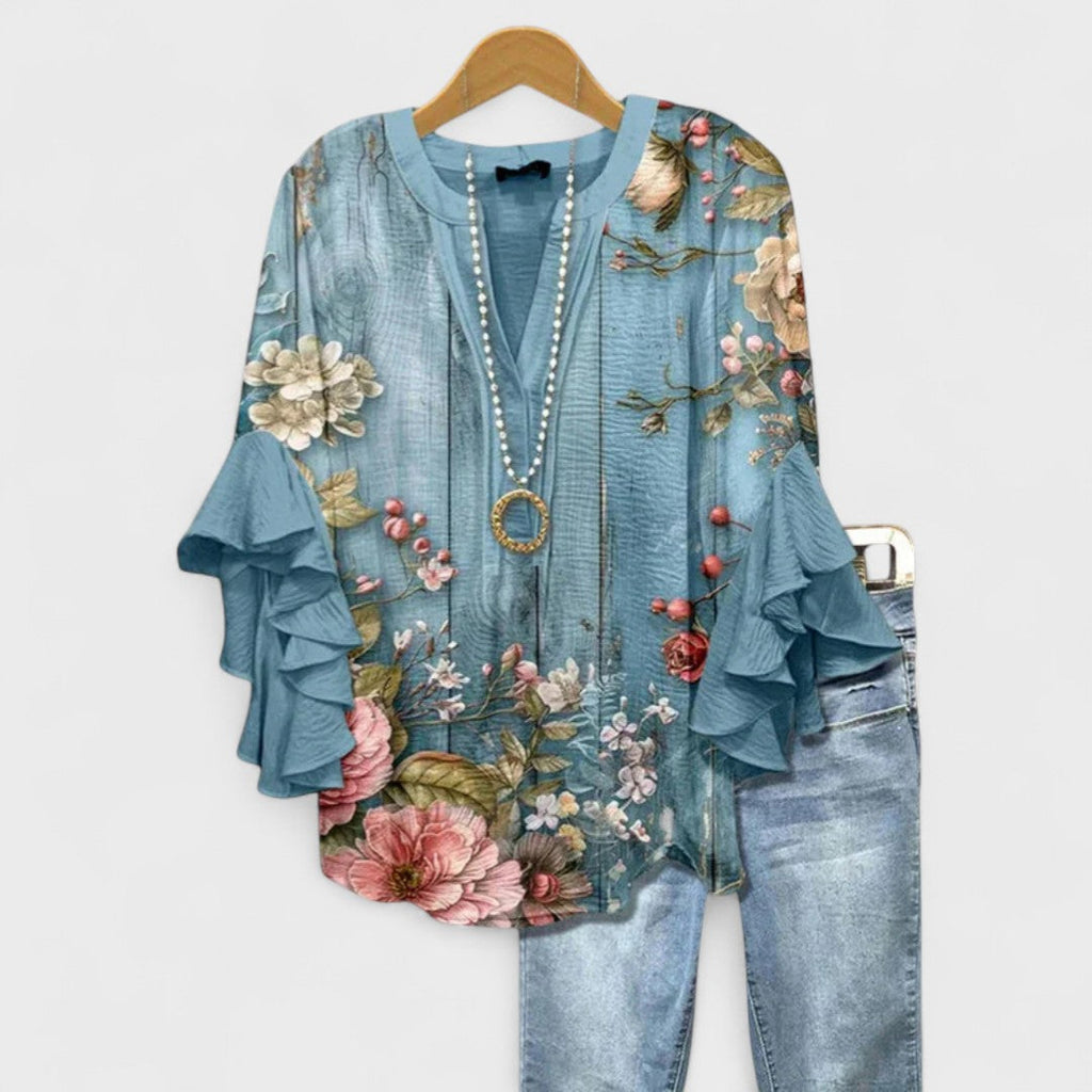 Blusa Floral Ligera para Mujer con Volantes y Manga de Campana, Cuello en V, Casual, Elegante, Ideal para el Día a Día – Kay