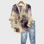 Blusa Floral Ligera para Mujer con Volantes y Manga de Campana, Cuello en V, Casual, Elegante, Ideal para el Día a Día – Kay