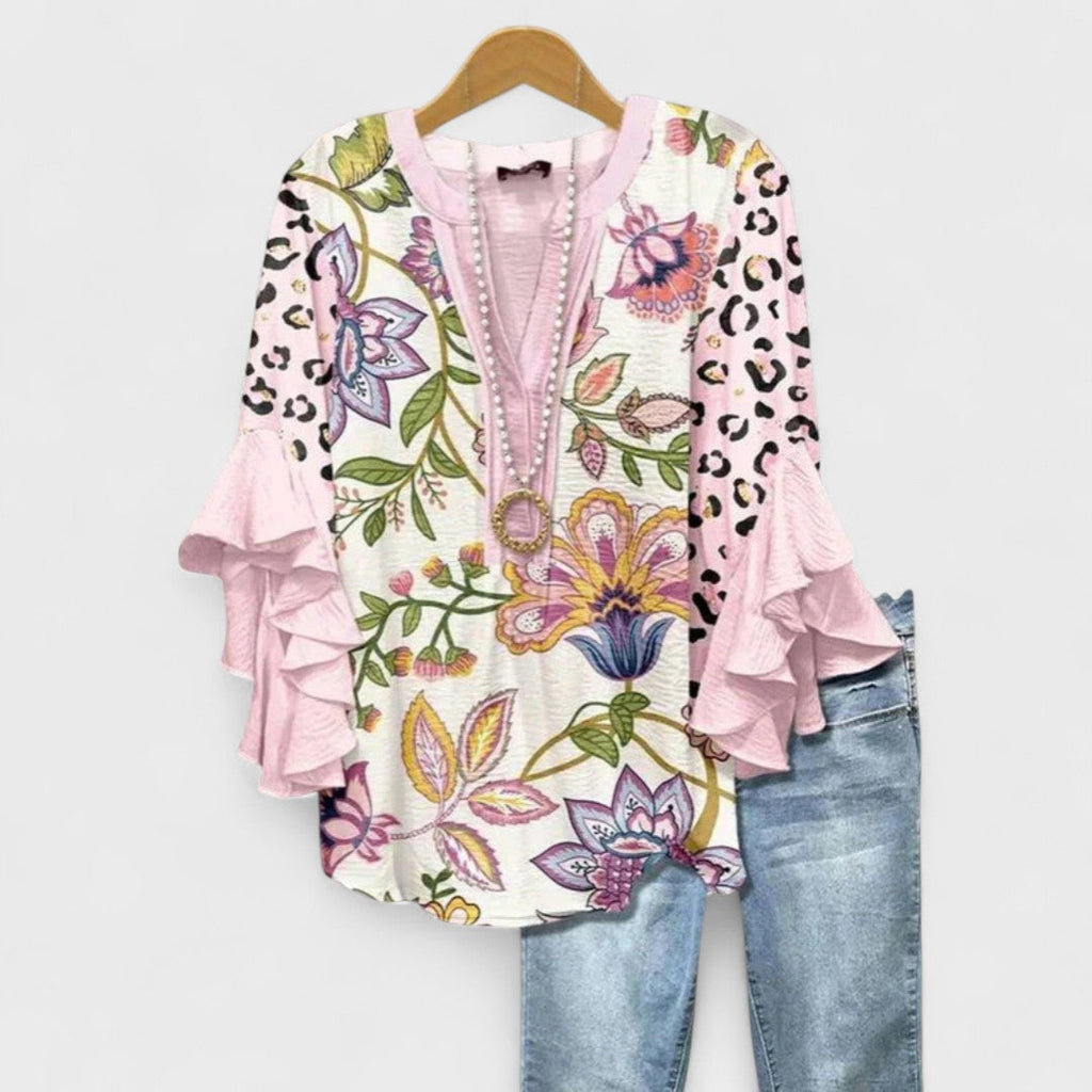 Blusa Floral Ligera para Mujer con Volantes y Manga de Campana, Cuello en V, Casual, Elegante, Ideal para el Día a Día – Kay