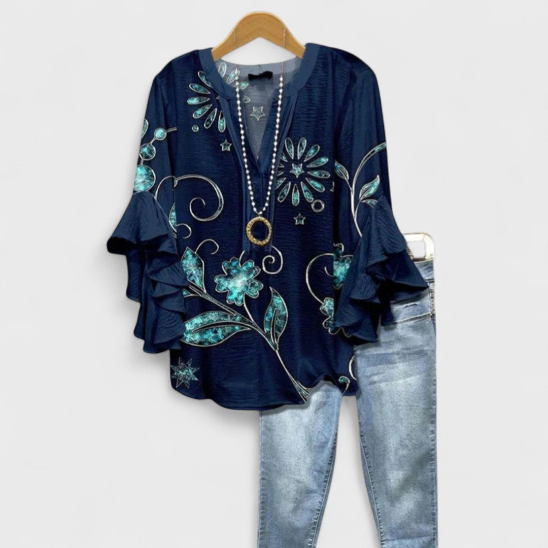 Blusa Floral Ligera para Mujer con Volantes y Manga de Campana, Cuello en V, Casual, Elegante, Ideal para el Día a Día – Kay