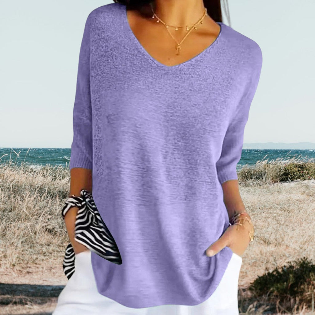 Top de Punto Ligero de Verano Para Mujer Con Escote En V, Ajuste Relajado, Casual, Cersátil y Suave – Gerda