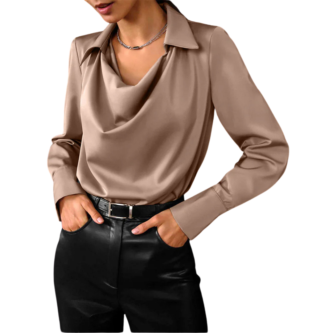 Blusa de Satén con Cuello Drapeado y Manga Larga para Mujeres Elegante y Versátil – Samantha