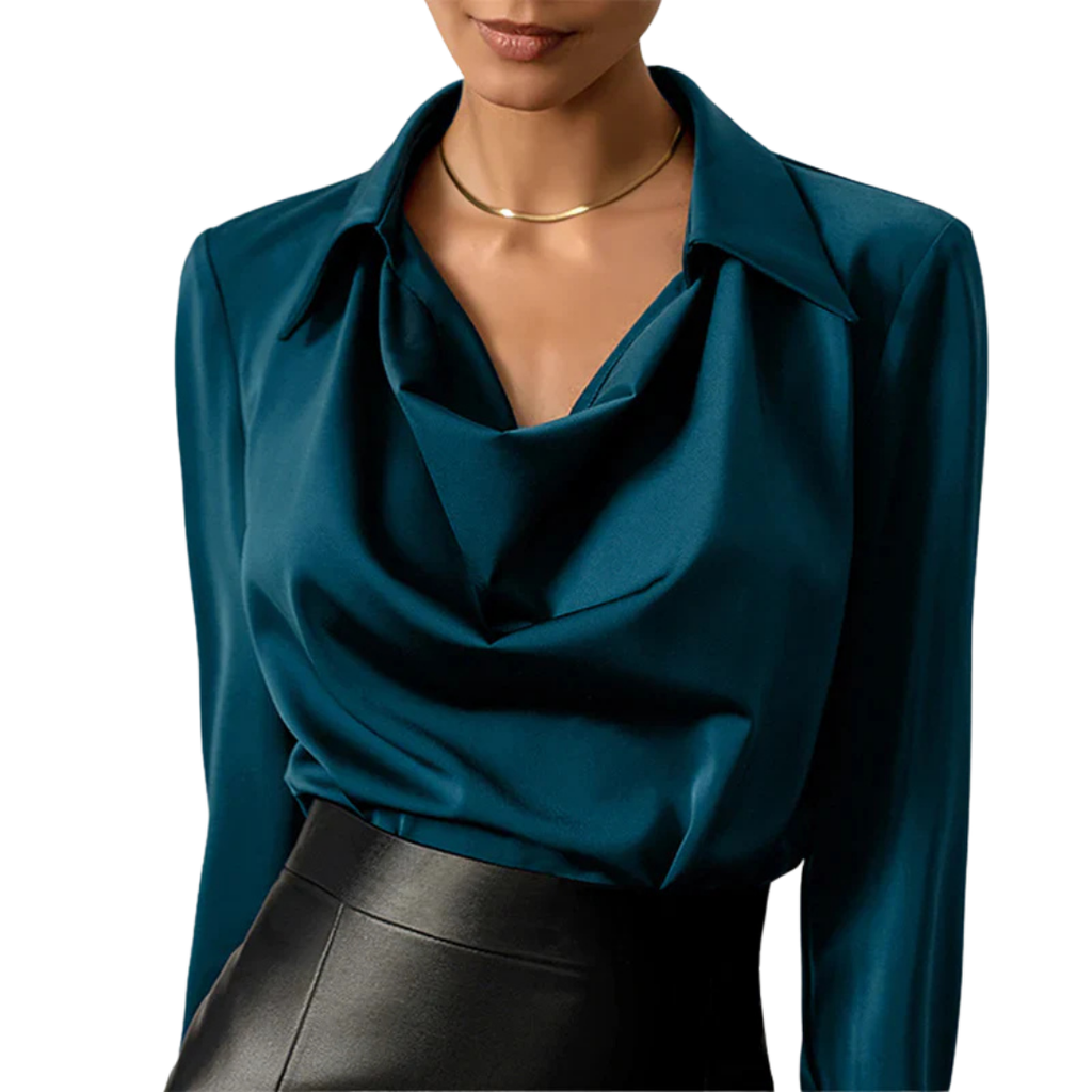 Blusa de Satén con Cuello Drapeado y Manga Larga para Mujeres Elegante y Versátil – Samantha