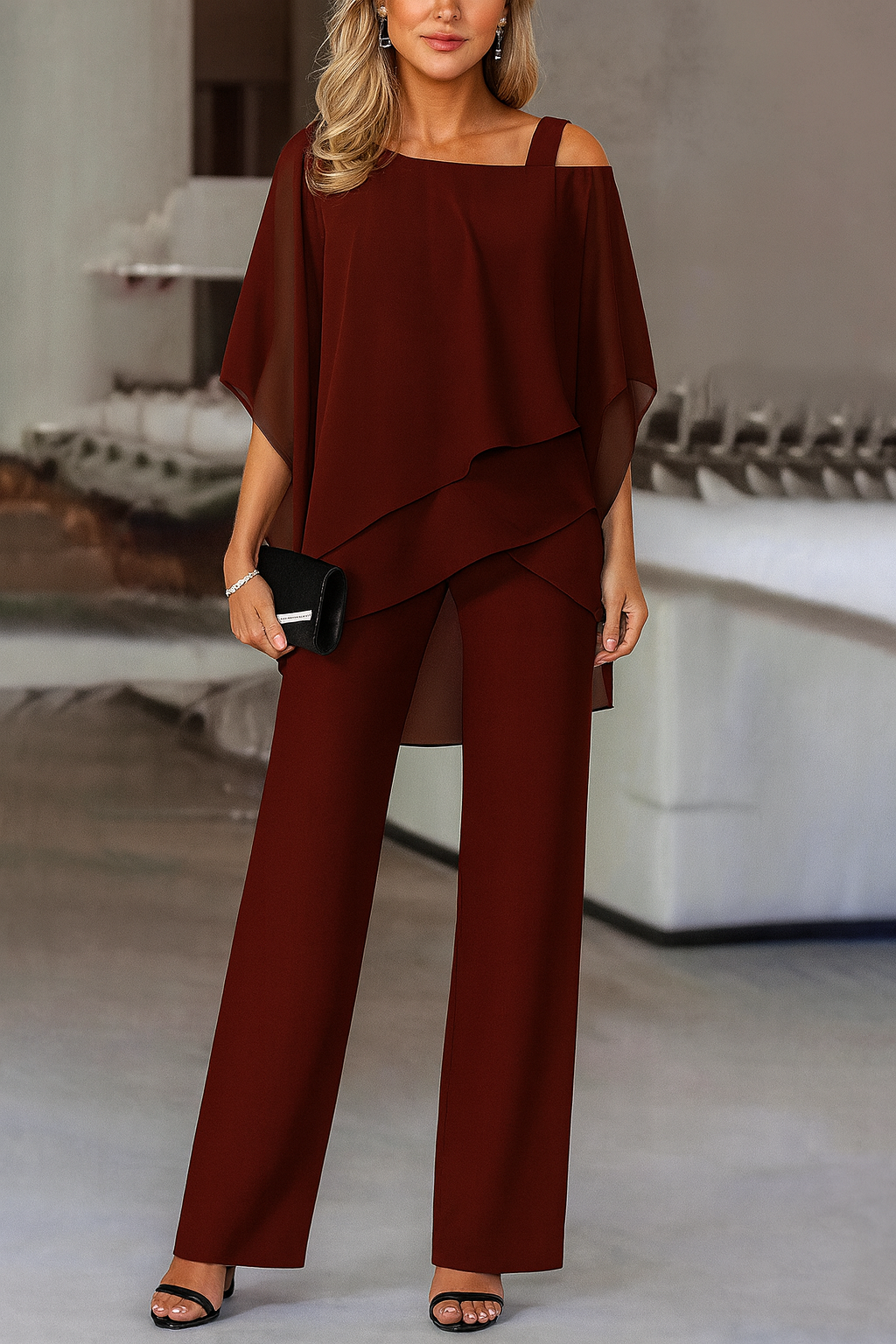 Conjunto Elegante de Dos Piezas para Mujeres: Top y Pantalones de Pierna Ancha para Eventos Formales, Bodas, Galas y Fiestas de Cóctel de Lujo – Burdeos, Negro, Blanco, Azul
