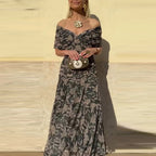 Vestido Largo Floral Fluido para Mujer Off-Shoulder V-Cuello Formal Elegante para Invitadas de Boda Casual – Lilly