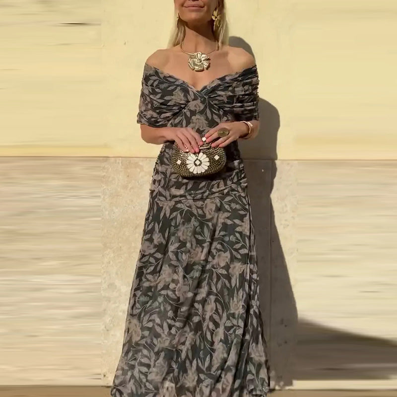 Vestido Largo Floral Fluido para Mujer Off-Shoulder V-Cuello Formal Elegante para Invitadas de Boda Casual – Lilly