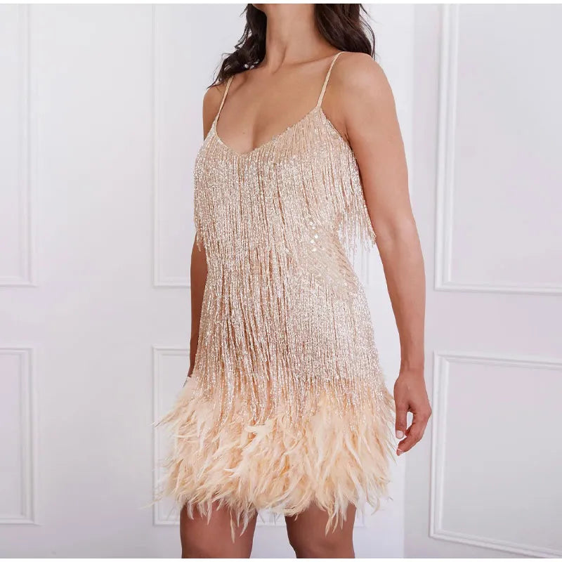 Vestido Mini Elegante de Lentejuelas con Plumas Rosas, Tirantes de Espagueti, Glamour para Cóctel, Noche de Fiesta