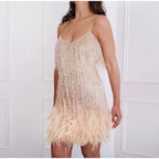 Vestido Mini Elegante de Lentejuelas con Plumas Rosas, Tirantes de Espagueti, Glamour para Cóctel, Noche de Fiesta