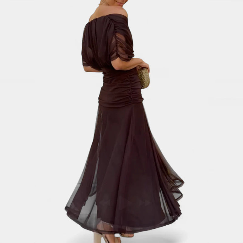 Vestido Largo Floral Fluido para Mujer Off-Shoulder V-Cuello Formal Elegante para Invitadas de Boda Casual – Lilly