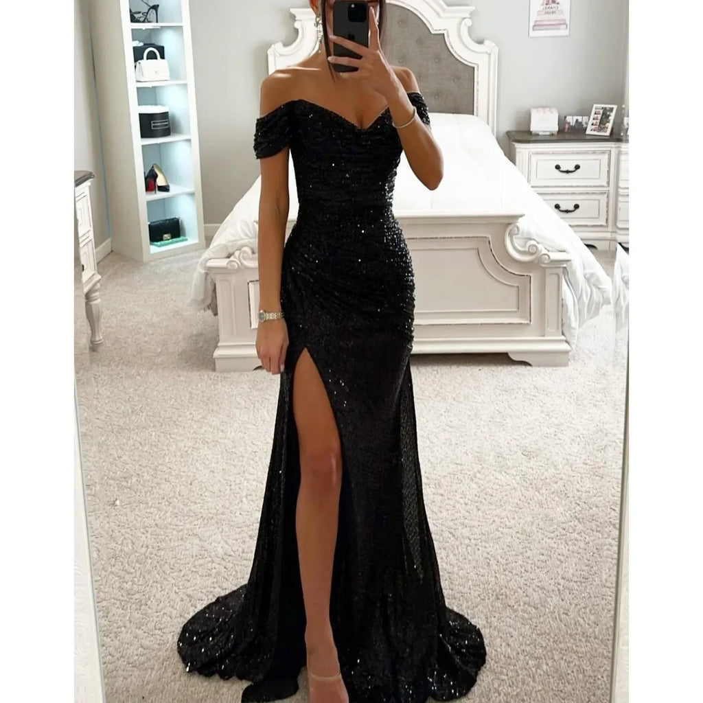 Vestido de Noche Largo de Lentejuelas sin Hombros para Mujeres con Abertura – Wensilian