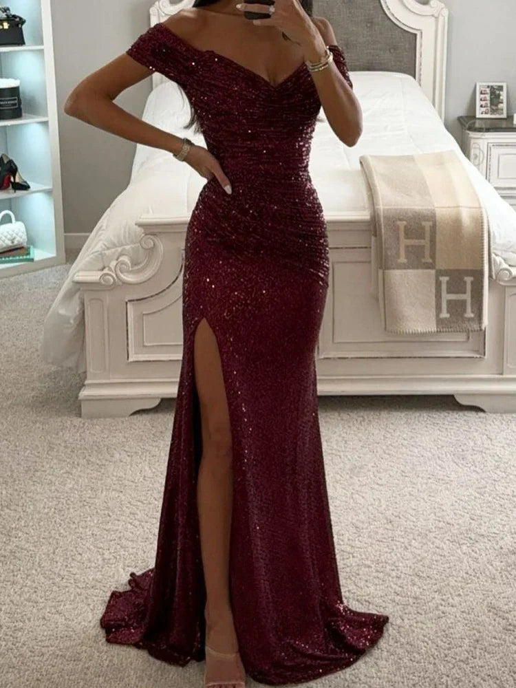 Vestido de Noche Largo de Lentejuelas sin Hombros para Mujeres con Abertura – Wensilian