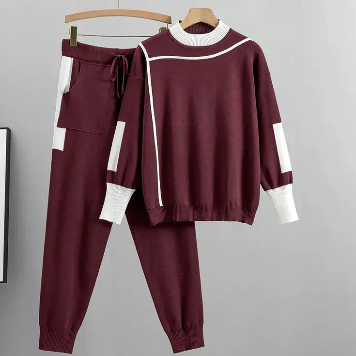 Conjunto de Pantalones de Suéter Casual para Mujeres con Detalles en Contraste Jogger de Dos Piezas – Kaitlyn