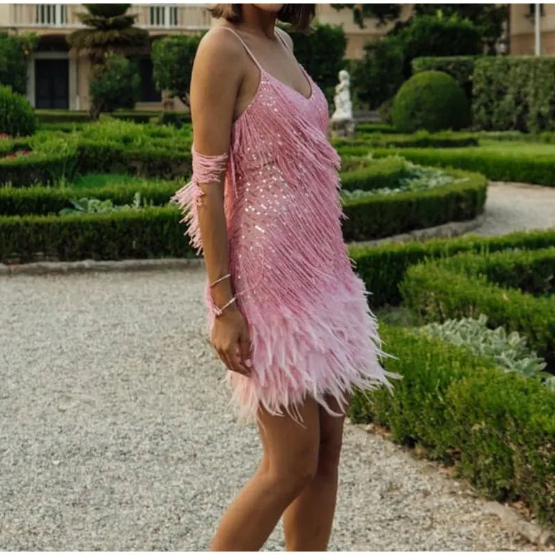 Vestido Mini Elegante de Lentejuelas con Plumas Rosas, Tirantes de Espagueti, Glamour para Cóctel, Noche de Fiesta