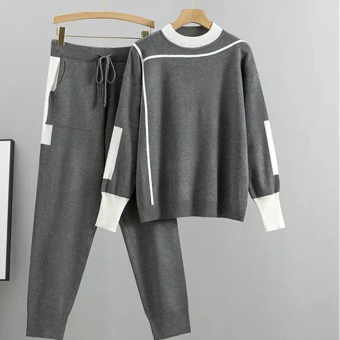 Conjunto de Pantalones de Suéter Casual para Mujeres con Detalles en Contraste Jogger de Dos Piezas – Kaitlyn