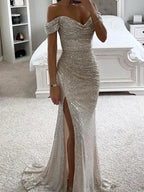 Vestido de Noche Largo de Lentejuelas sin Hombros para Mujeres con Abertura – Wensilian