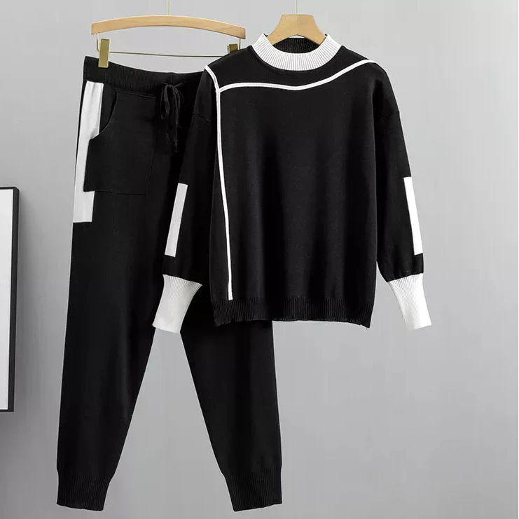 Conjunto de Pantalones de Suéter Casual para Mujeres con Detalles en Contraste Jogger de Dos Piezas – Kaitlyn