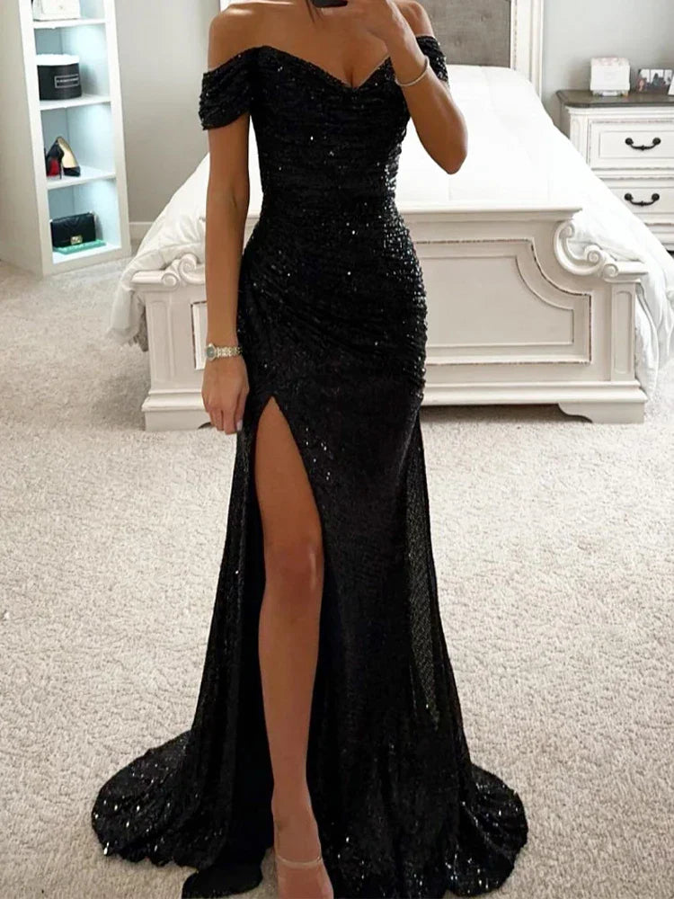 Vestido de Noche Largo de Lentejuelas sin Hombros para Mujeres con Abertura – Wensilian